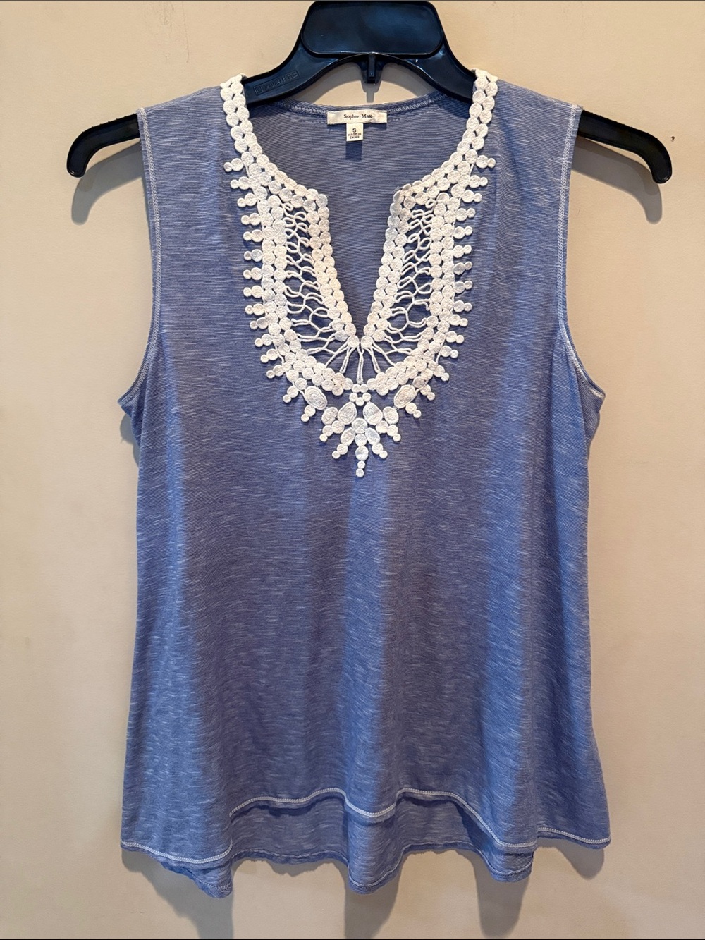 Blue Sleeveless Crochet-Trim Tank
